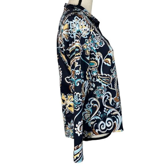 Chico’s SZ 0 (Small) Top Floral Long Sleeve 1/4 Snap Collared Stretch Blue Multi - Picture 3 of 7